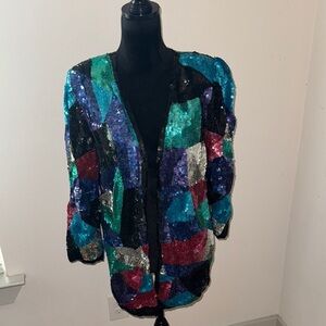 Jean for Joseph Le Bon silk geometric print sequin open front Jacket blazer Sz M